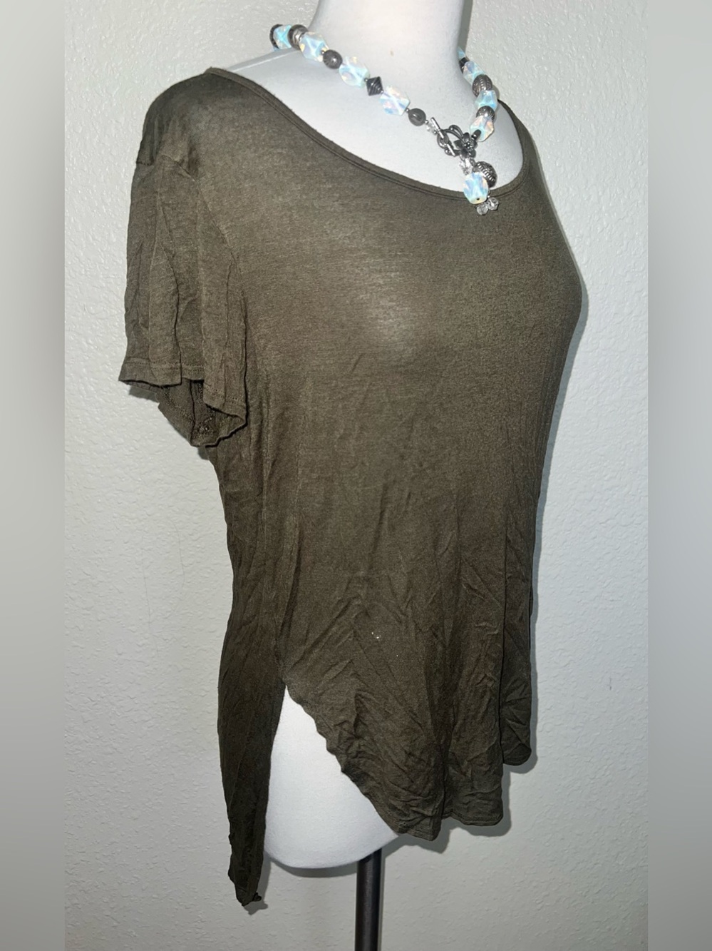 love J Olive Green Short Sleeve Asymmetric Hem Top